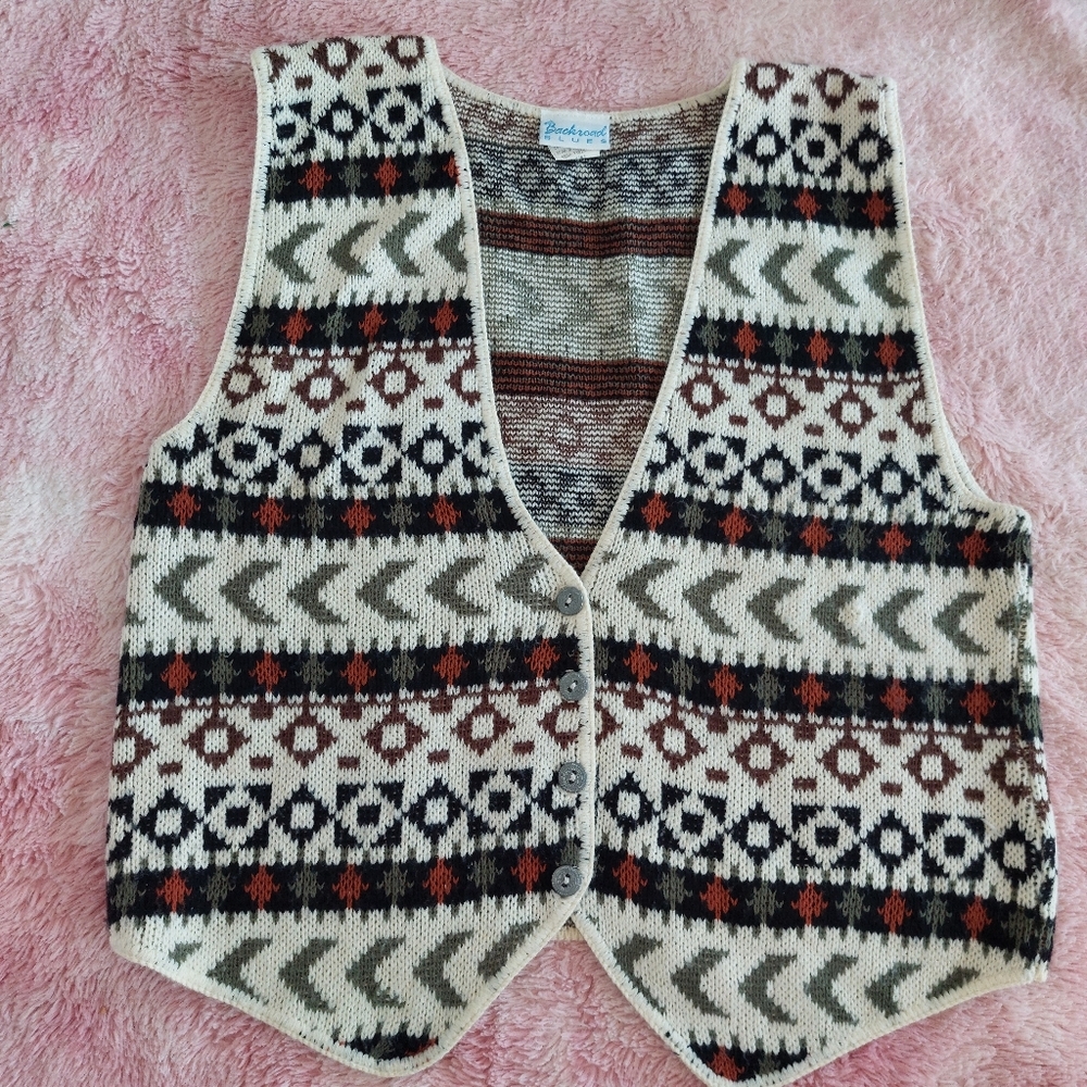 Vintage Backroad Blues Acrylic Geometric Button Sweater Vest Size Meduim